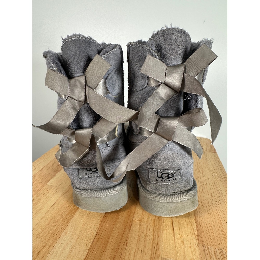 UGG Australia Bailey Bow II Grey Suede Sheepskin Mid Calf Boots Coquette 7